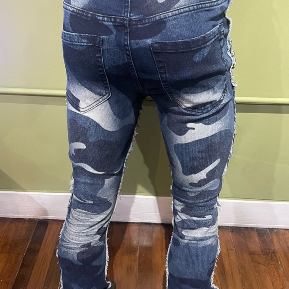 Bleecker&Mercer Camouflage Cargo Jeans blue premium denim stack flare fit - Picture 2 of 5